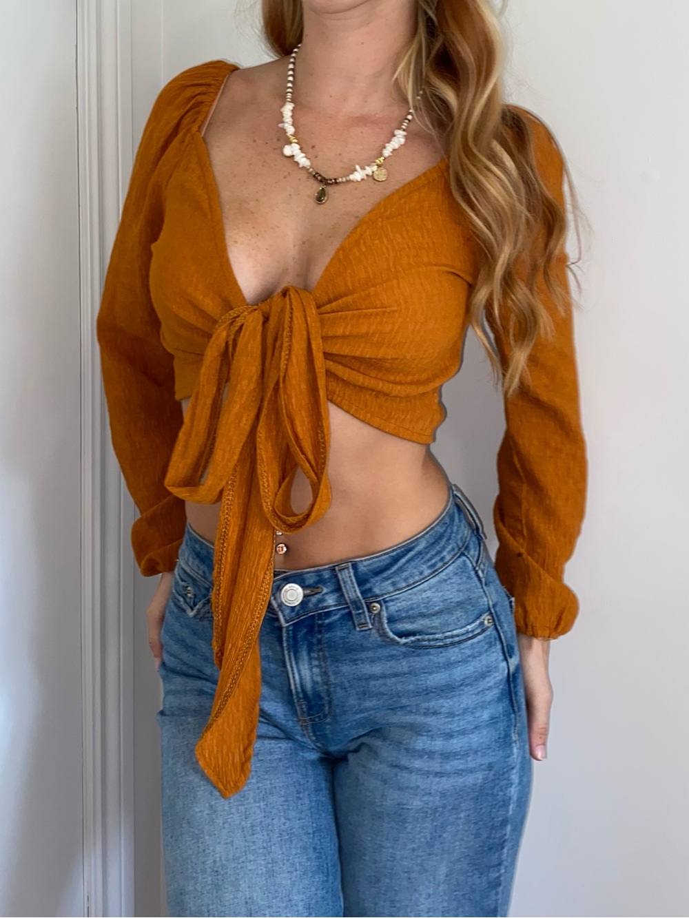 Womens Rust Tie-Front Long Sleeve Crop Top